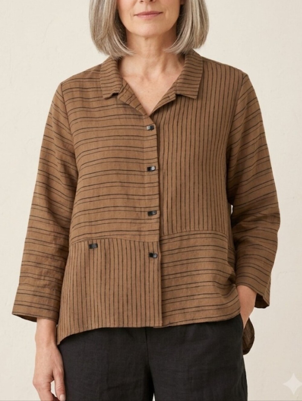 Habitat Blouse Top Light Brown Lagenlook Art To Wear Textured Crinkle Hi -Low